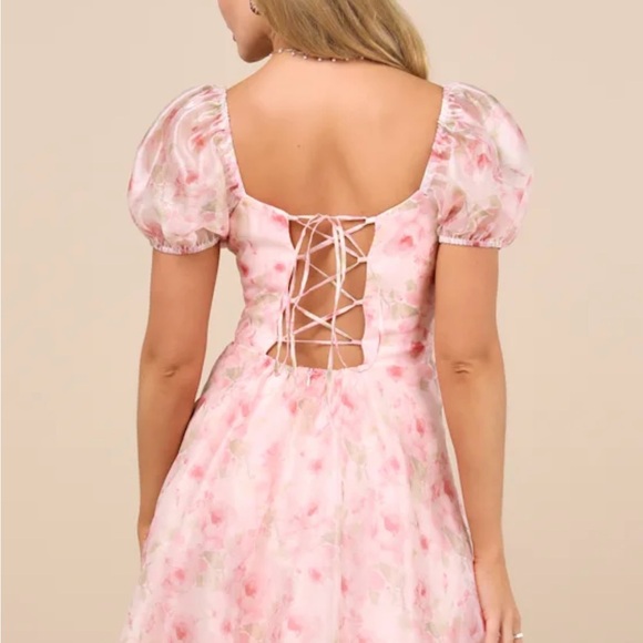 Lulu's Blush Floral Mini Dress with Puff Sleeves - Picture 3 of 6
